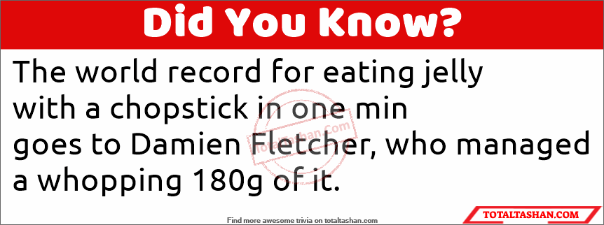The world record for eating jelly with a chopstick in one min goes to Damien Fletcher